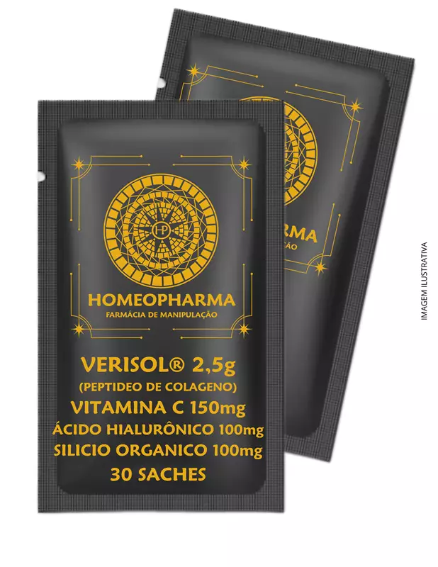 VERISOL® 2,5g (PEPTIDEO DE COLAGENO) VITAMINA C 150mg ÁCIDO HIALURÔNICO 100mg SILICIO ORGANICO 100mg 30 Saches